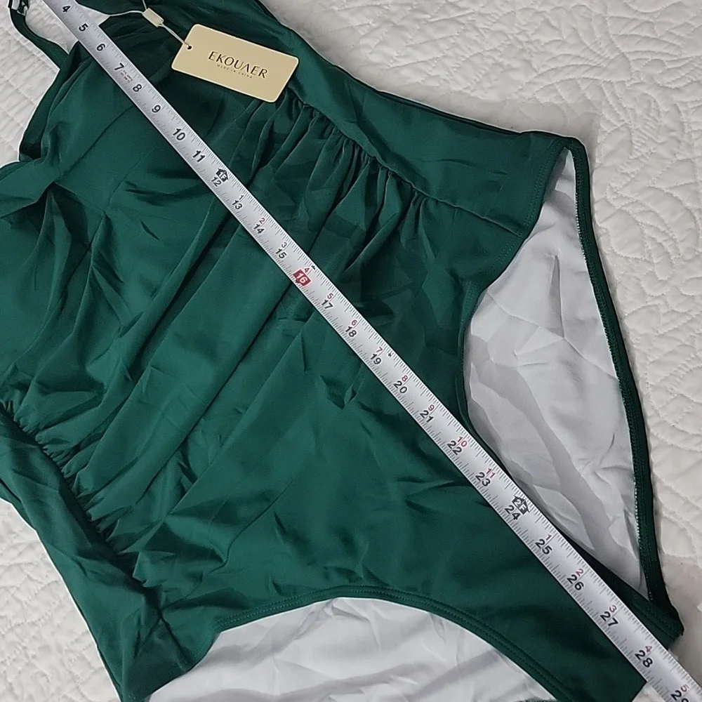 Emerald Green Rouche Tummy Control Retro Push-up One-Piece Swimsuit Plus XXL - Picture 3 of 13